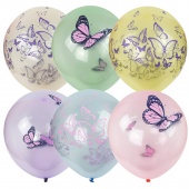 Воздушные шары 25шт М12/30см ПатиБум Кристалл Bubble. Бабочки пастель+декор 4690296070175/Мексика